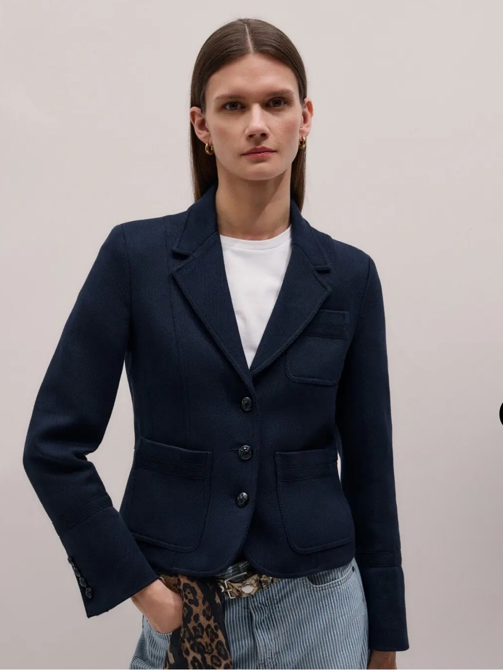 ME+EM Navy Herringbone Crop jacket Breasted Blazer size 18